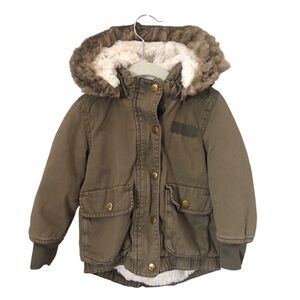 H&M Olive Green “We are All Kids” Faux Fur Hooded Kids Jacket 2-3 Years